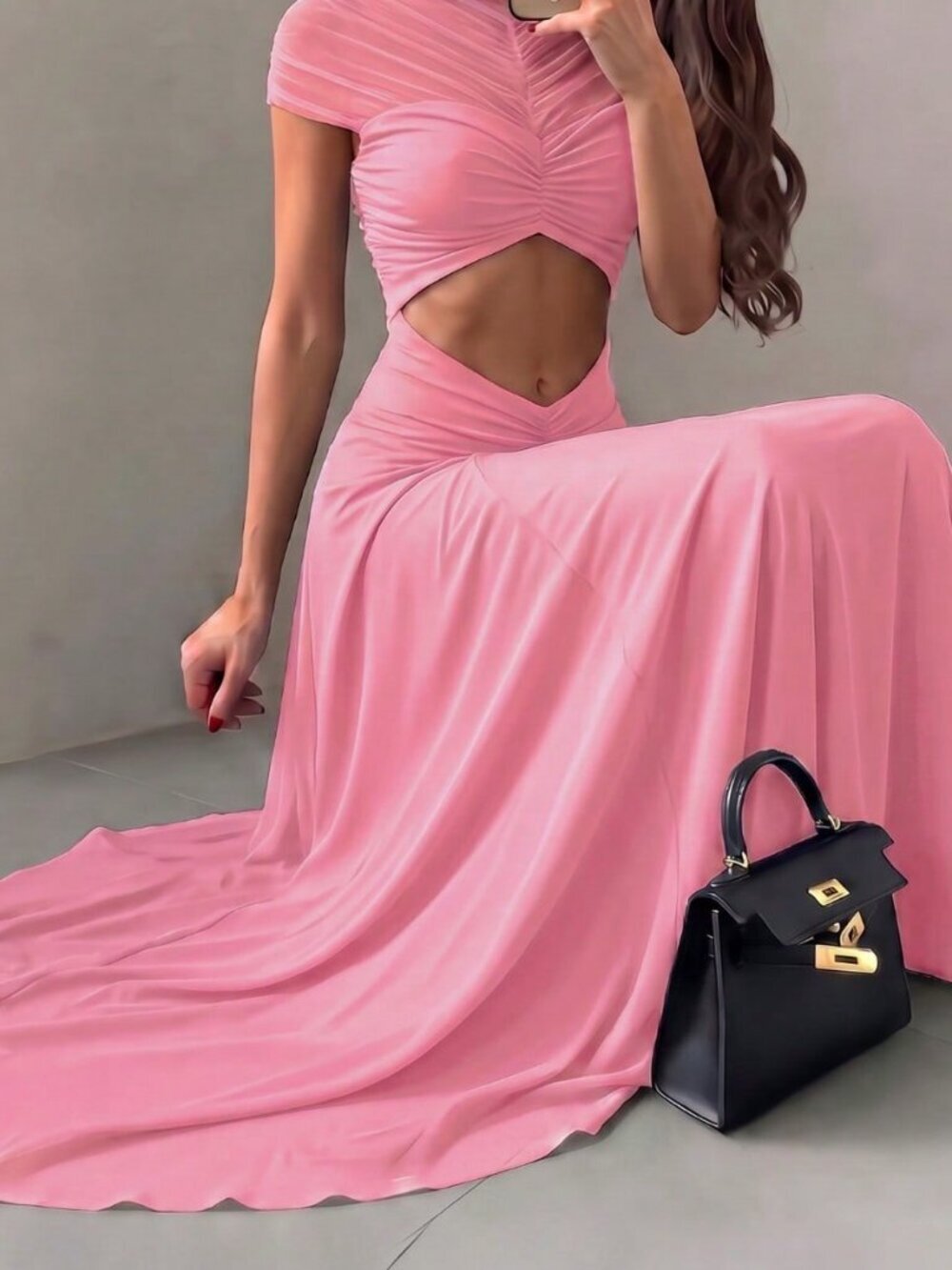 Pink Elegant Women's Maxi Bodycon See-Through Cut Out Cocktail Dress